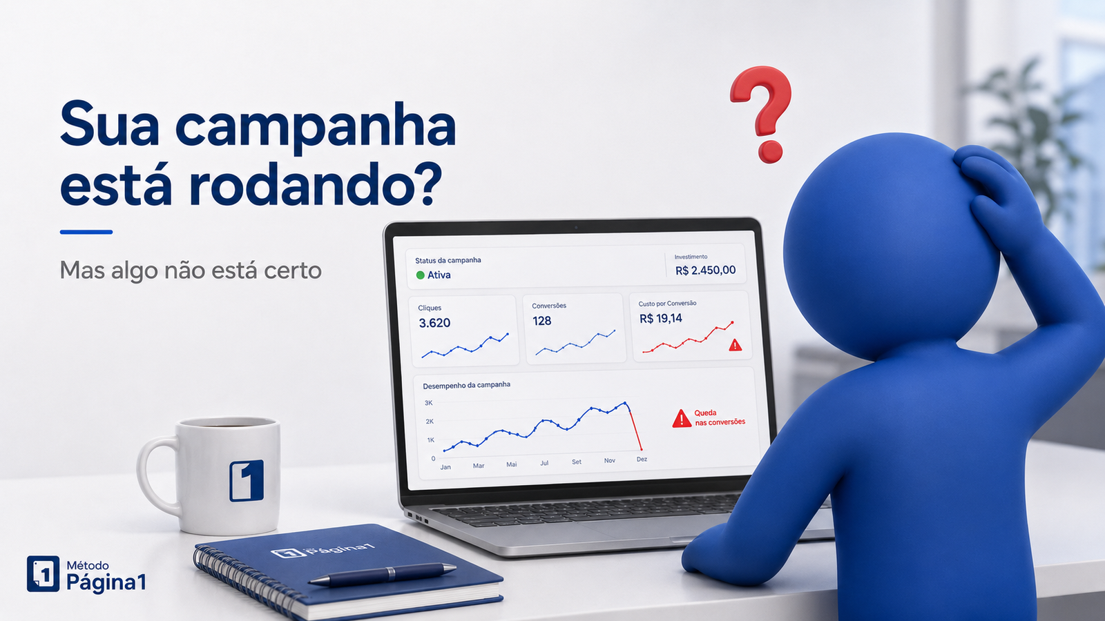 Bonequinho azul analisando campanha ativa com alerta de queda nas conversões