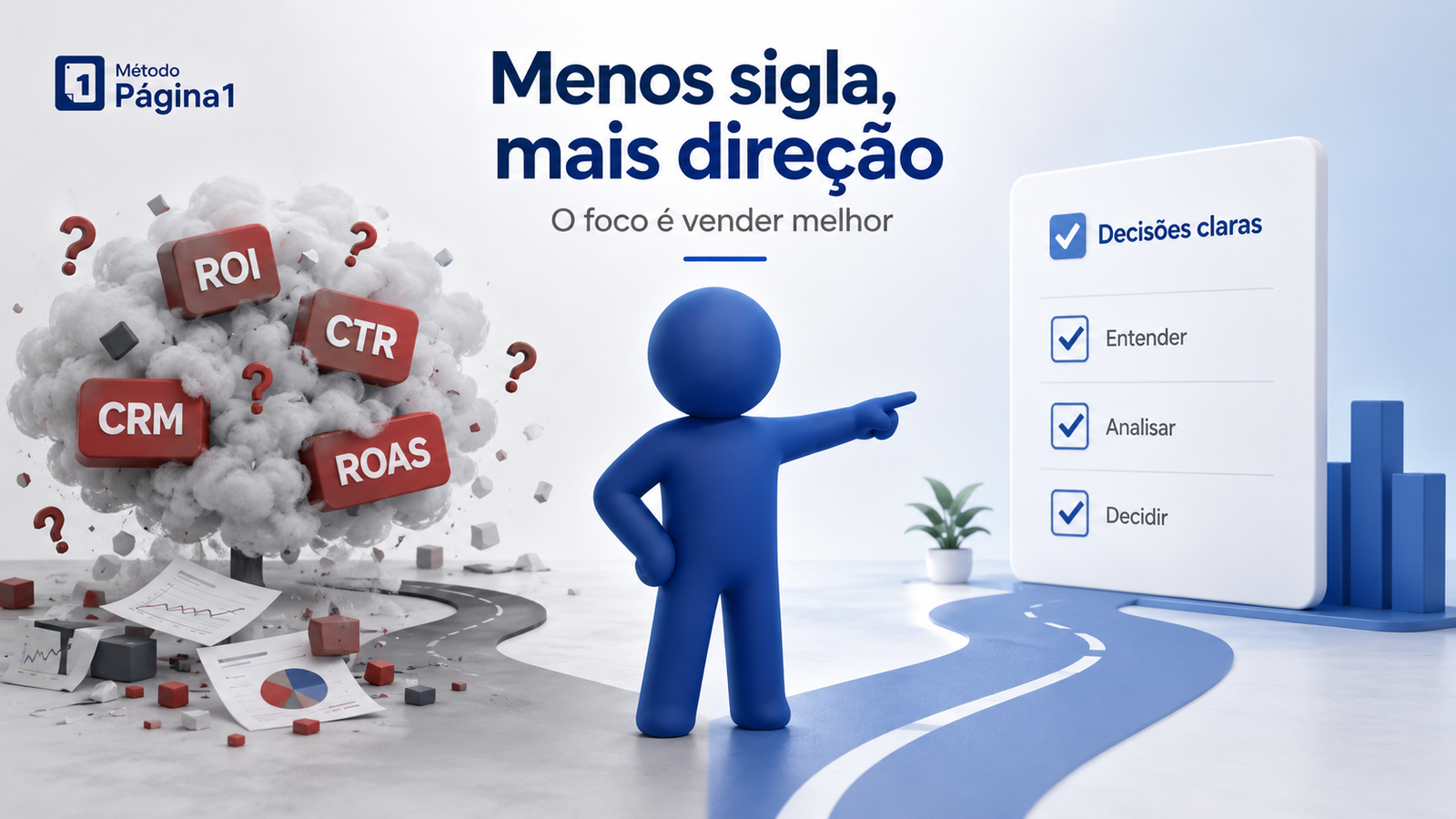 Bonequinho azul transformando siglas confusas em decisões claras de campanha